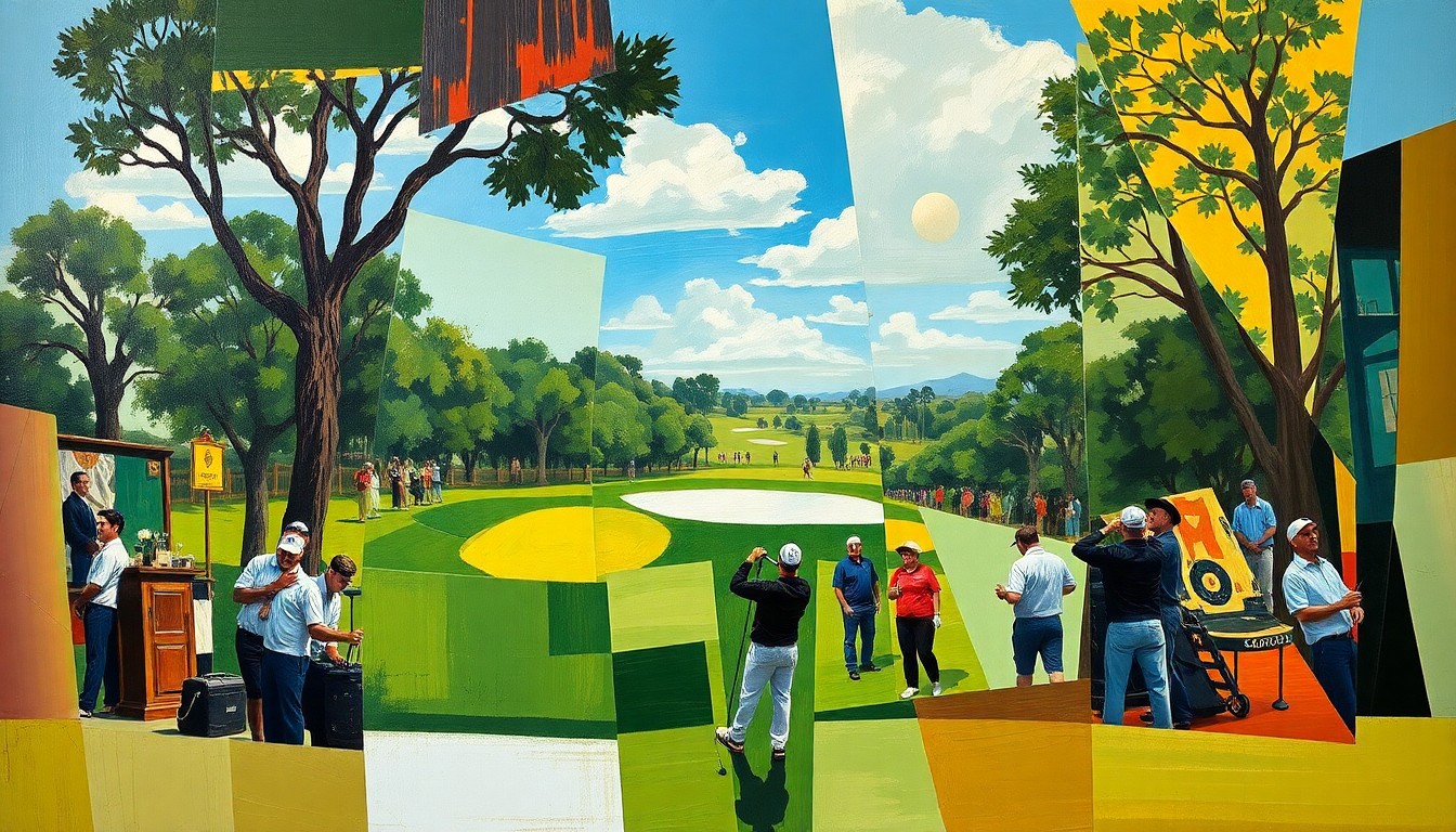 A cubist, geometric painting depicting a fragmented, multi-angled view of a golf tournament, with players and the course broken down into sharp, overlapping shapes and planes in a vibrant color palette.