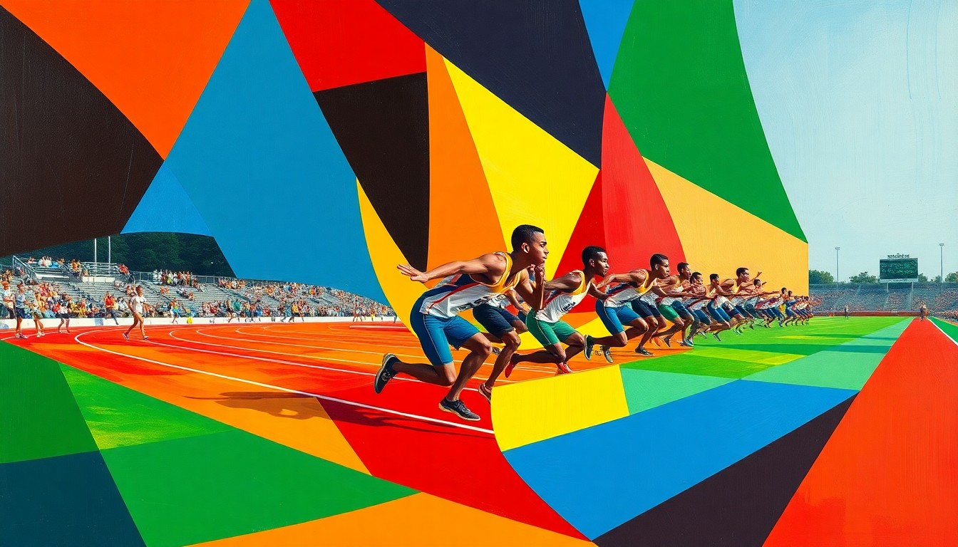 A fragmented, geometric painting in bold primary colors depicting the overlapping movements and perspectives of a track and field competition.