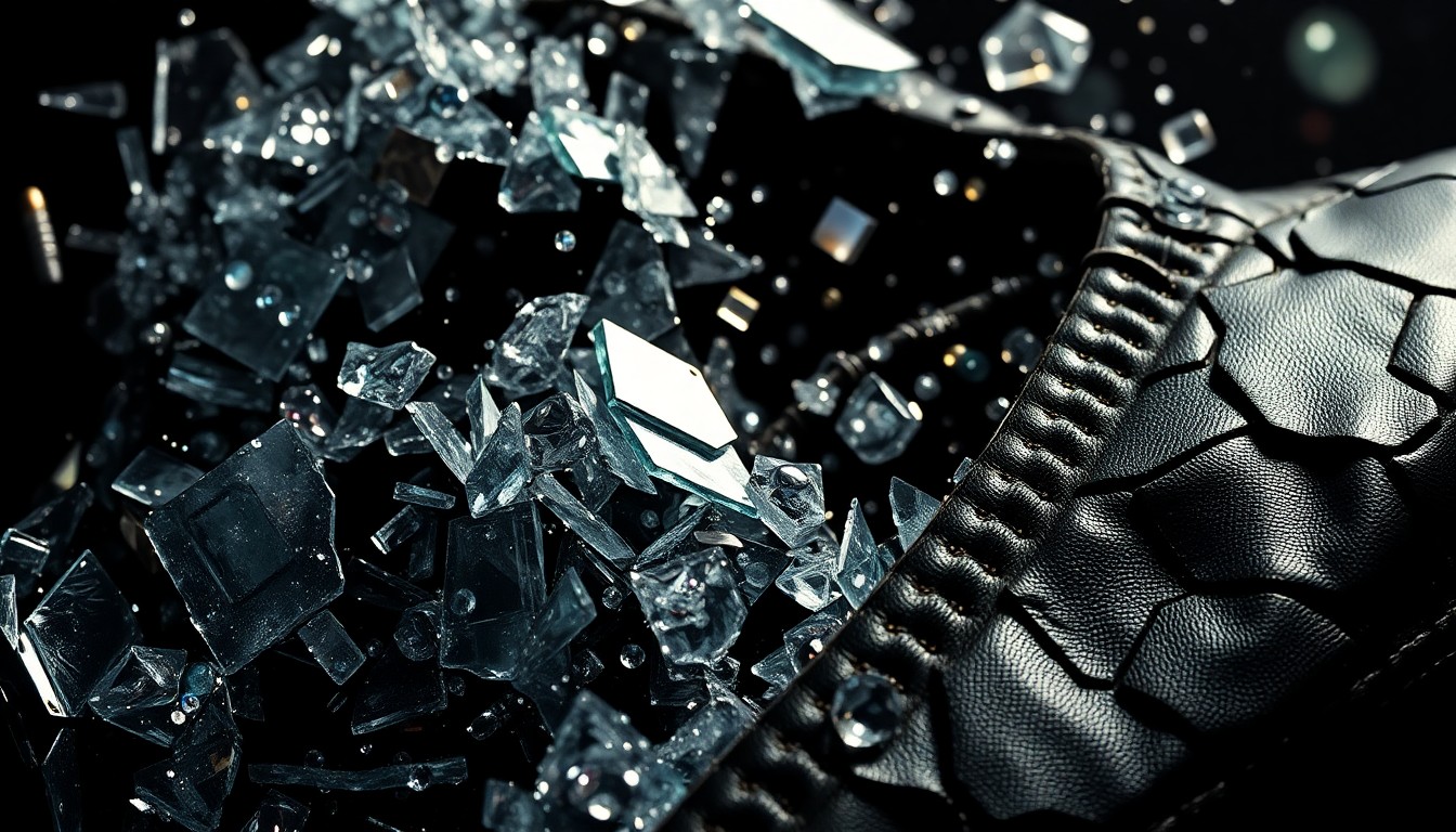 An extreme abstract close-up photograph featuring shattered glass, shimmering sequins, and cracked leather textures in high-contrast studio lighting, conveying the gritty yet glamorous rise of a hip-hop icon.