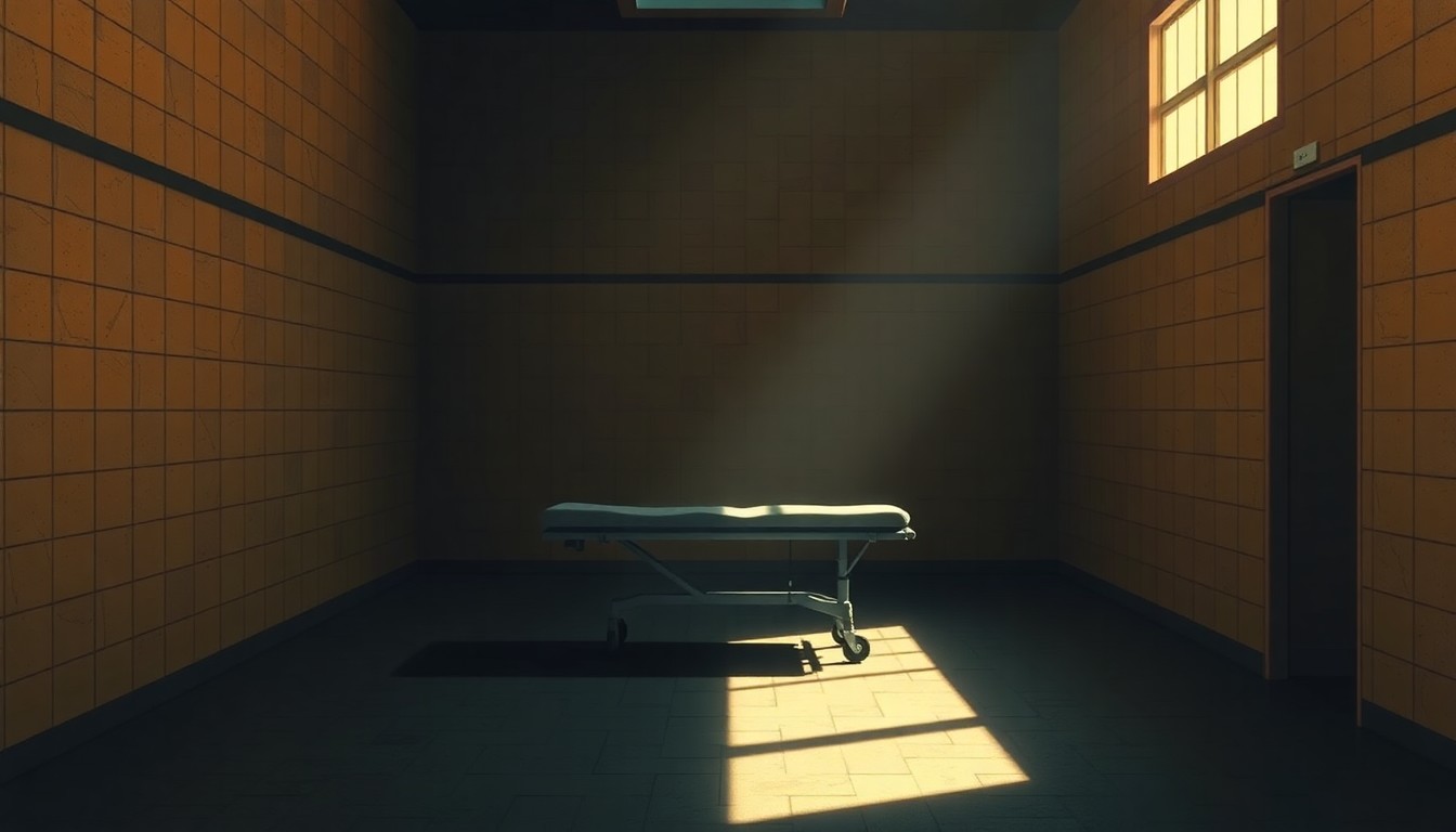 A cinematic painting of a solitary gurney in a shadowy, dimly lit execution chamber, with warm diagonal sunlight casting deep shadows across the scene, conveying a sense of quiet contemplation and unease around the state's capital punishment procedures.