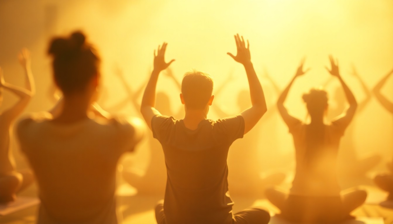 An abstracted, out-of-focus photograph in soft, warm tones depicting a group of people engaged in a wellness activity, capturing the atmospheric mood and energy of the moment.