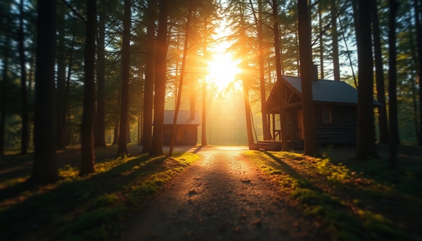 An extremely abstracted, out-of-focus photograph of a sun-dappled forest path leading to a rustic cabin, with warm pools of light and color creating an atmospheric, dreamlike quality that captures the peaceful, eco-conscious lifestyle of this off-grid retreat.
