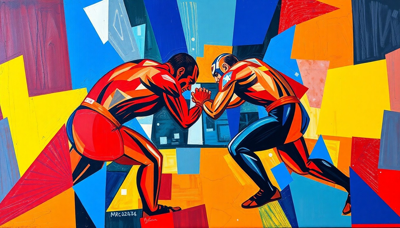 A dynamic, cubist-style painting depicting the chaotic energy and movement of a wrestling match, with sharp geometric shapes and planes in a vibrant color palette conceptually representing the anticipation surrounding John Cena's hosting duties at WrestleMania 42.