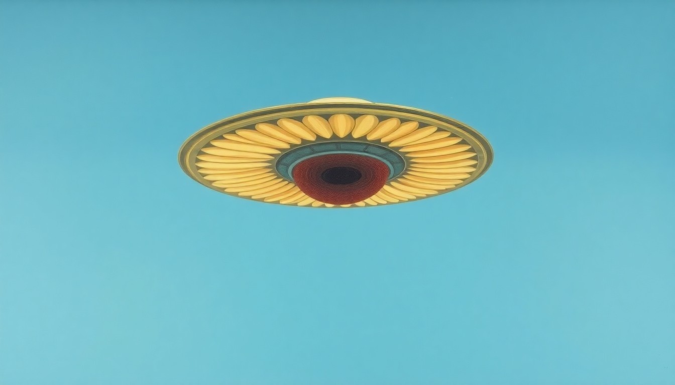 An abstract, geometric painting in soft blues and greens, depicting a large, sunflower-shaped object floating in a clear sky, surrounded by sweeping arcs and concentric circles, conveying a sense of scientific wonder and the unknown.