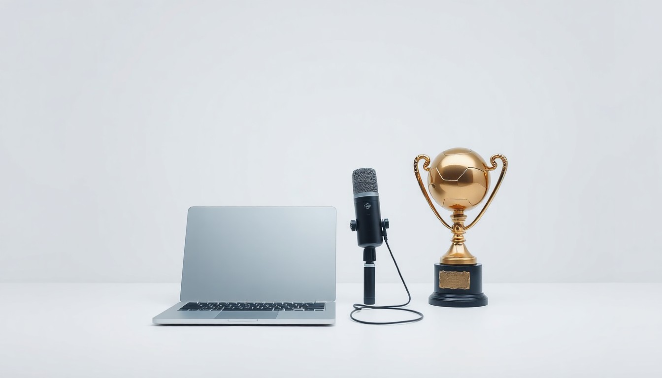 A minimalist studio still life featuring a laptop, microphone, and sports trophy, representing the intersection of sports, technology, and marketing.