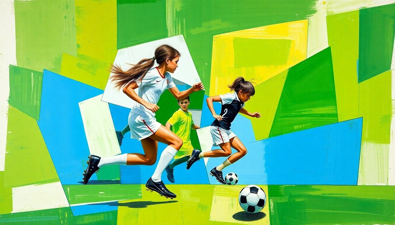 A fragmented, geometric painting depicting the dynamic movements and competing perspectives of a girls' soccer match, with sharp planes of green, white, and blue.