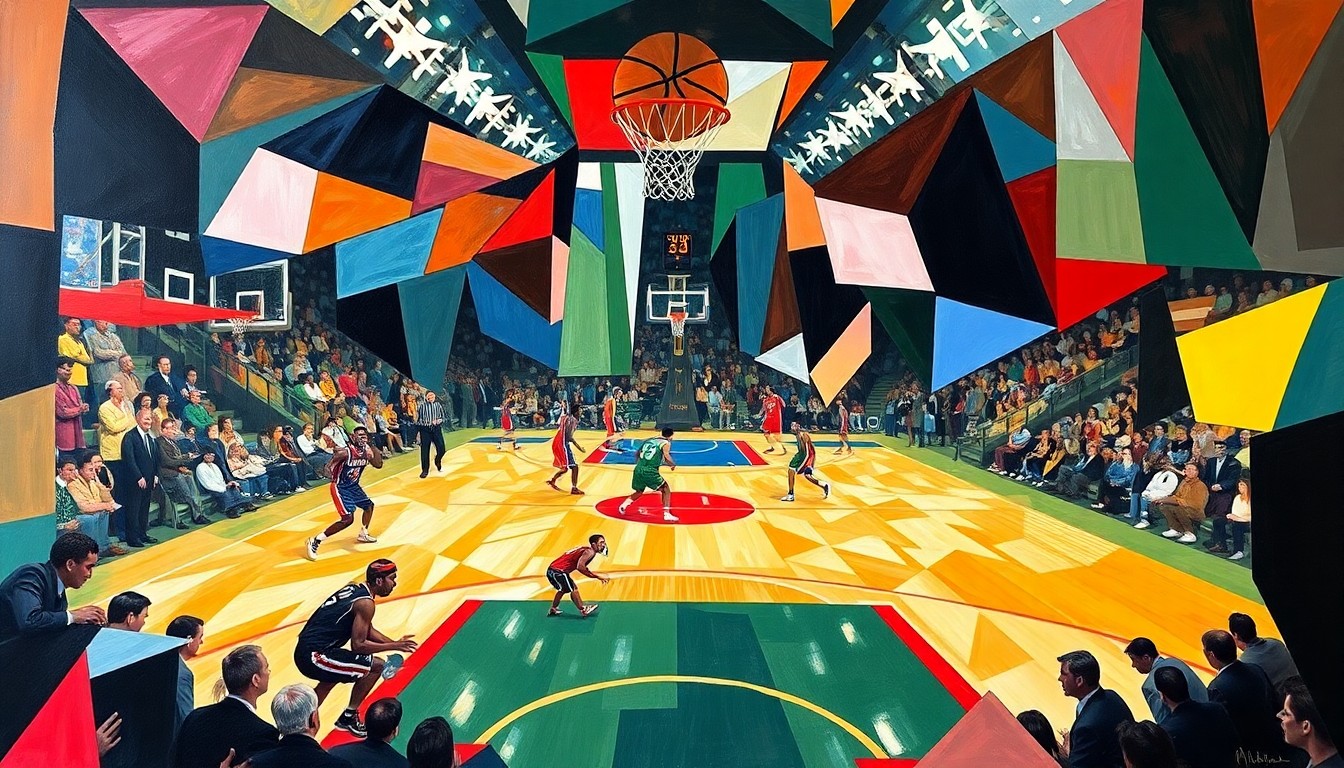 A cubist, geometric painting depicting a basketball game in progress, with the players' forms broken down into overlapping, angular shapes in a vibrant color palette, capturing the dynamic action of the sport.