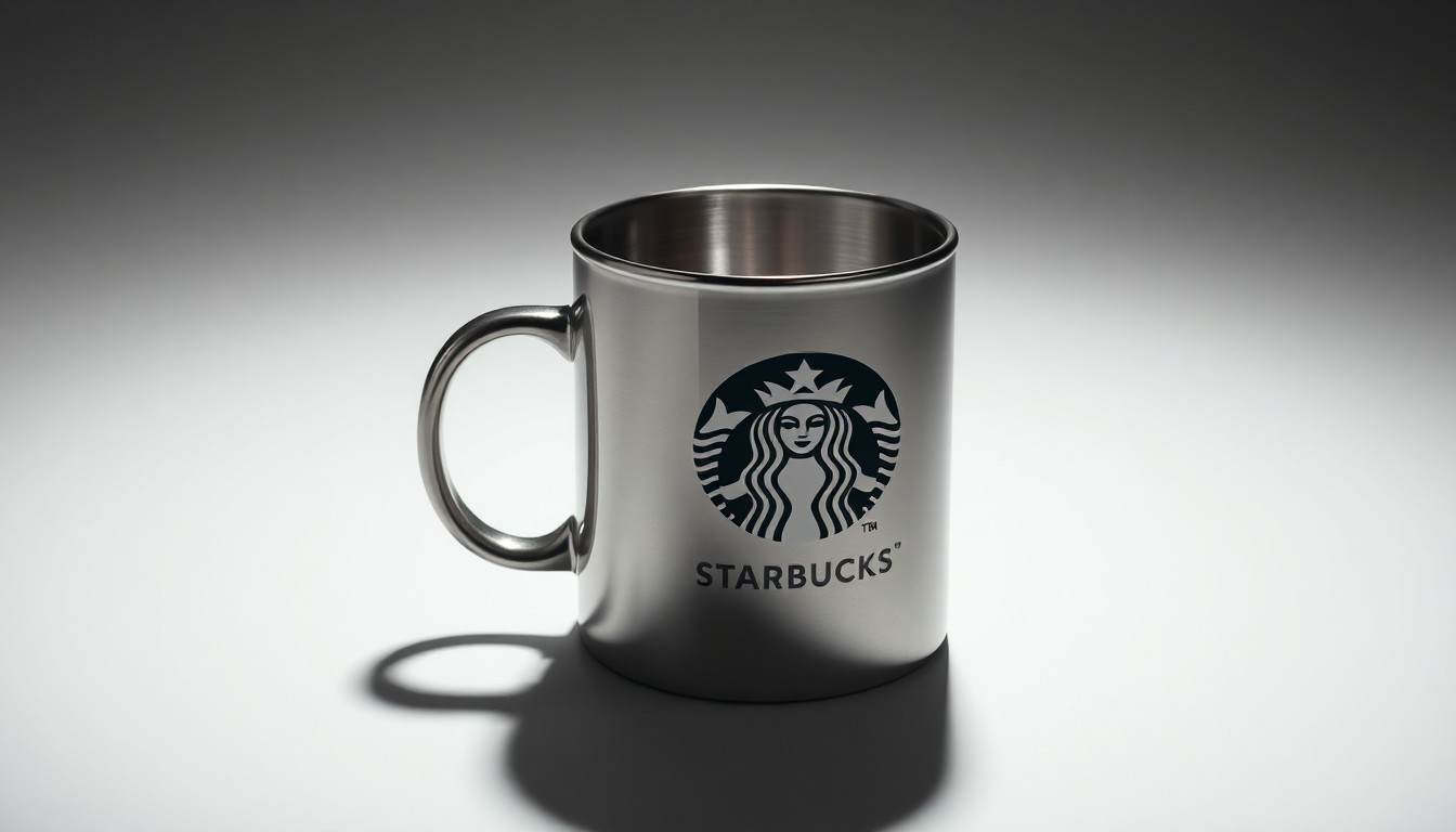 A close-up, high-contrast photograph of a single polished metal Starbucks coffee mug sitting alone on a clean, monochromatic background, conceptually representing the challenges facing urban retail in the post-pandemic era.