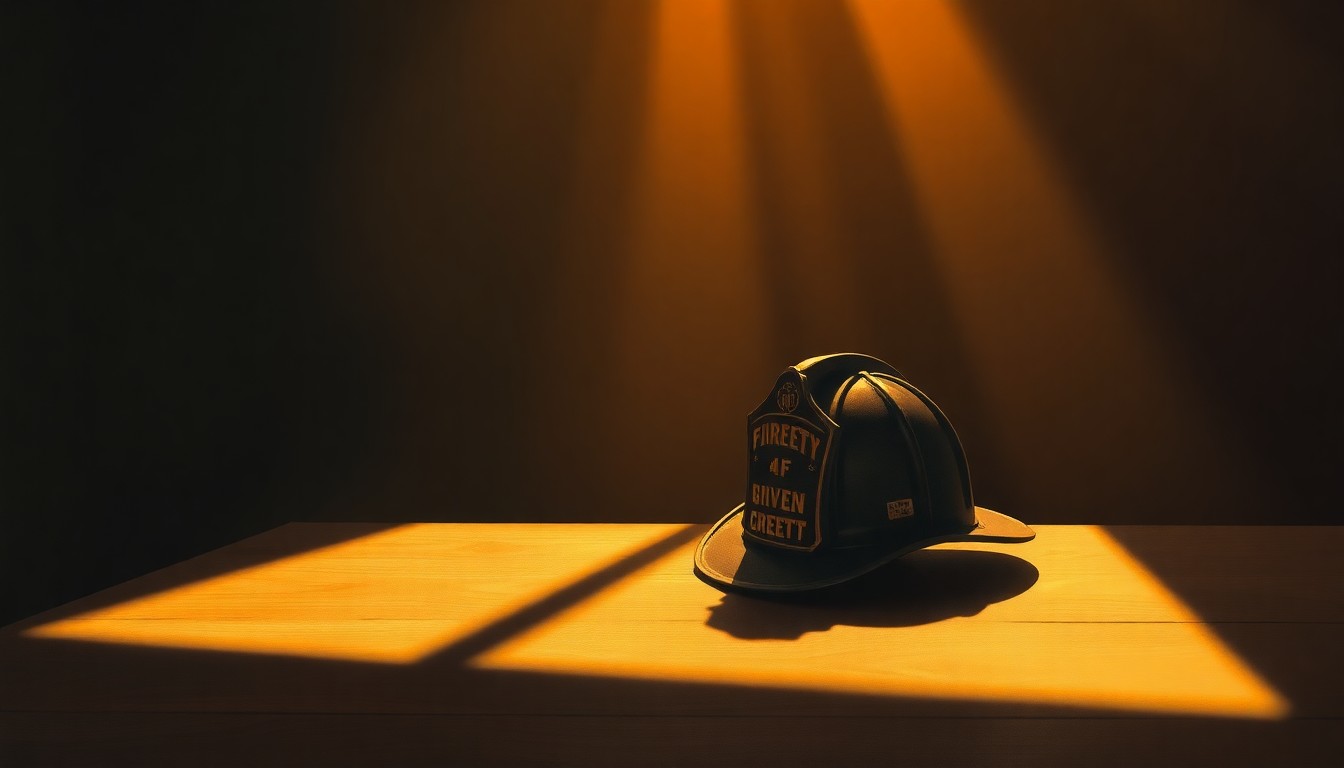 A close-up painting of a firefighter's helmet resting on a wooden table, with warm light and deep shadows creating a pensive, cinematic mood.