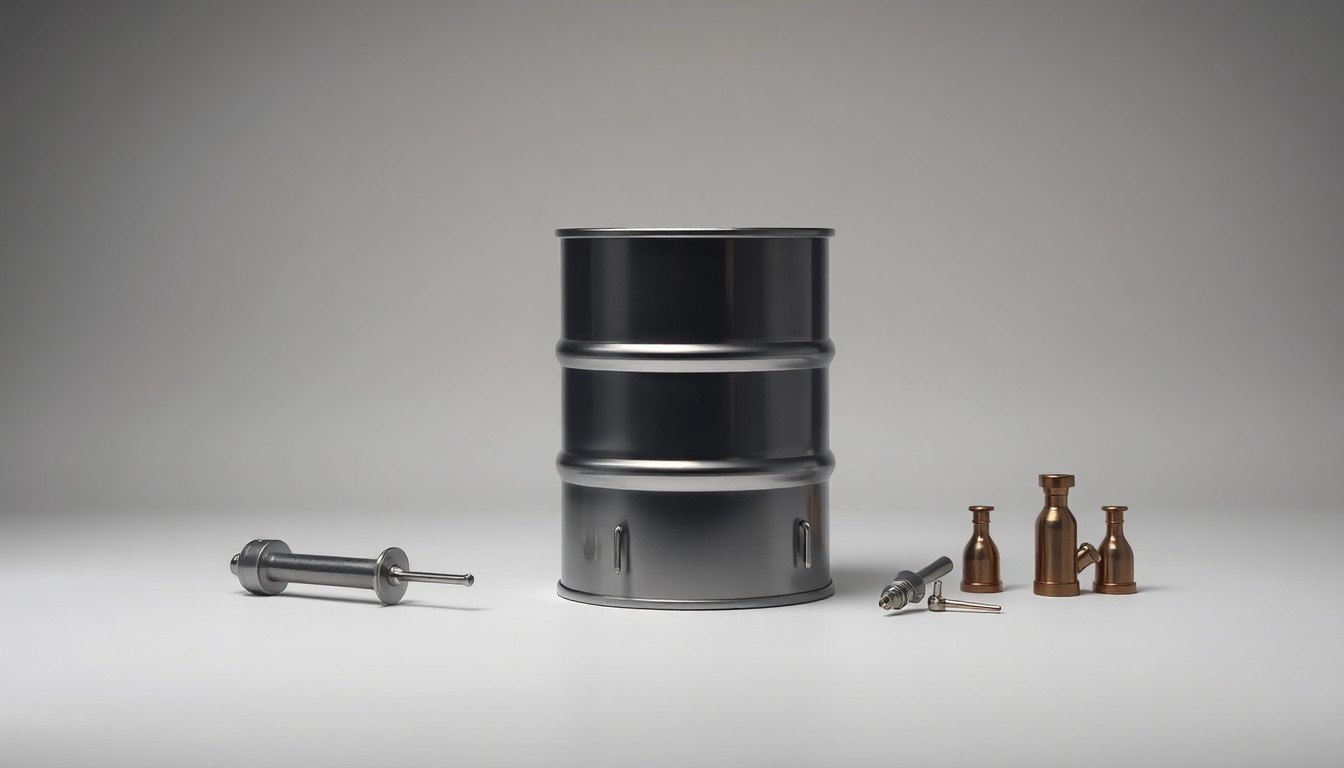 A photorealistic studio still life featuring a polished metal oil barrel and small metal tools, conceptually representing the energy industry's ability to uncover new reserves.