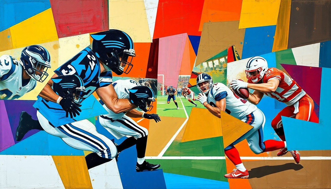 A fragmented, geometric painting in the style of Pablo Picasso, using sharp, overlapping planes of blue, black, and white to depict a football game or match in an abstract, deconstructed manner.