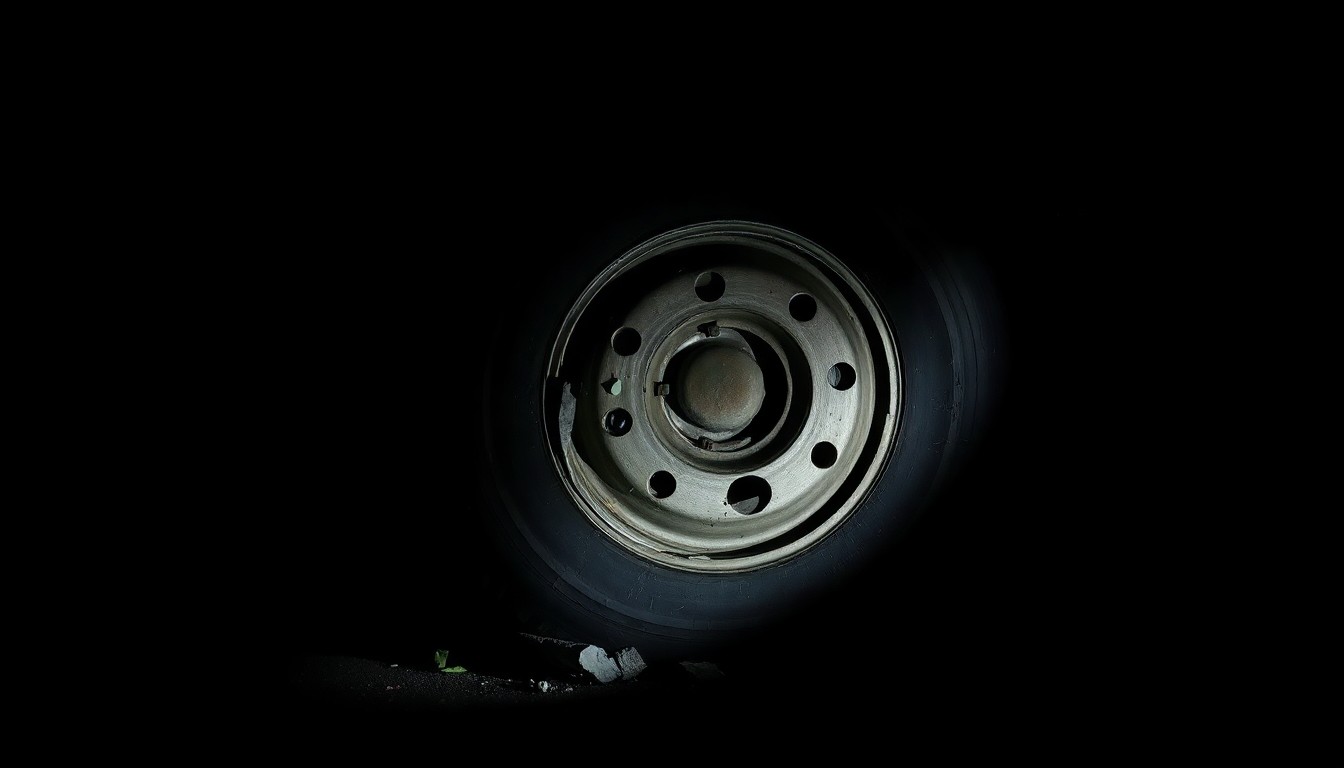 An extreme close-up photograph of a damaged semi truck tire, the harsh flash illuminating the textured rubber and metal in stark detail against a pitch-black background, conveying the serious, investigative nature of this freeway accident.