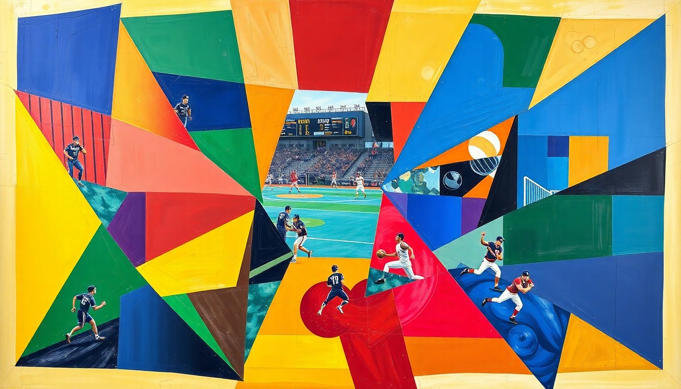 A cubist, geometric painting depicting various sports activities like soccer, baseball, and lacrosse broken down into overlapping planes of bright, vibrant colors.