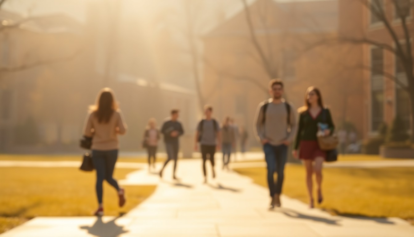 An extremely abstracted, out-of-focus photograph of a college campus scene, with blurred silhouettes of students and warm, golden pools of light, conveying a sense of community and support for higher education.