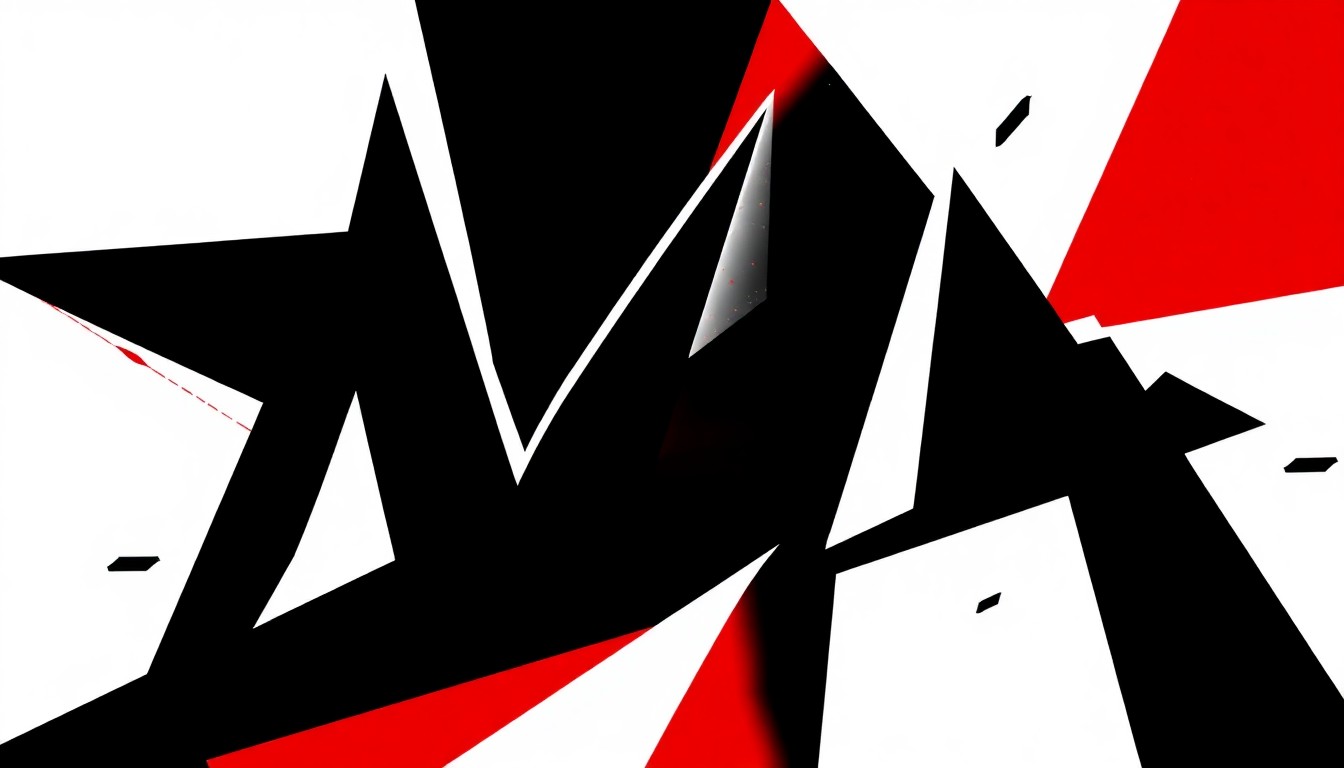 A striking abstract composition of angular black and white shapes with a bold red accent, conveying the dramatic tension and high stakes of a reality TV talent competition.