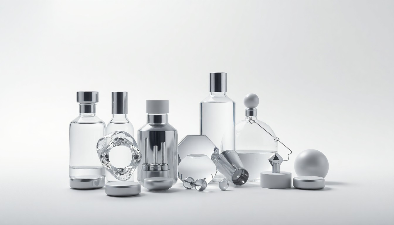 A high-end, photorealistic studio still-life photograph featuring a collection of polished, geometric objects in shades of gray and blue, conceptually representing the abstract concepts of cancer research, drug discovery, and pharmaceutical innovation.