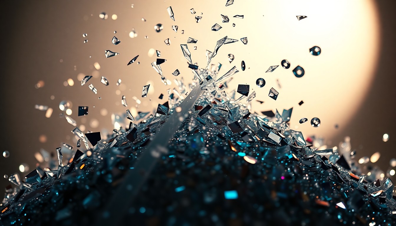 An abstract, high-contrast close-up photograph of shattered glass and glittering sequins, conveying the glamour and drama of celebrity feuds through dramatic lighting and texture.