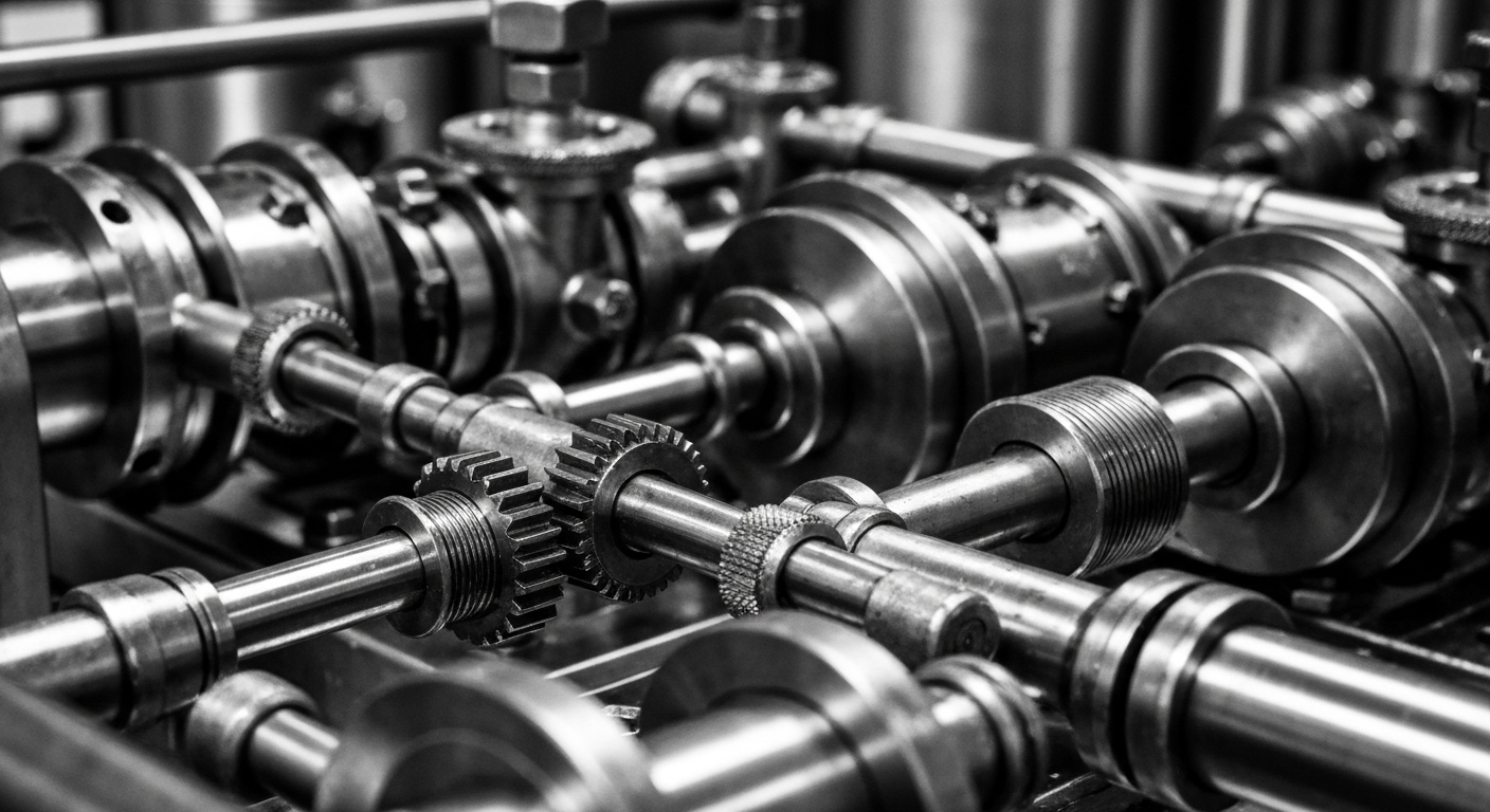 A high-contrast black and white macro photograph of the intricate gears, valves, and machinery inside a pharmaceutical production facility, conveying the complex industrial processes involved in manufacturing addiction treatment drugs.