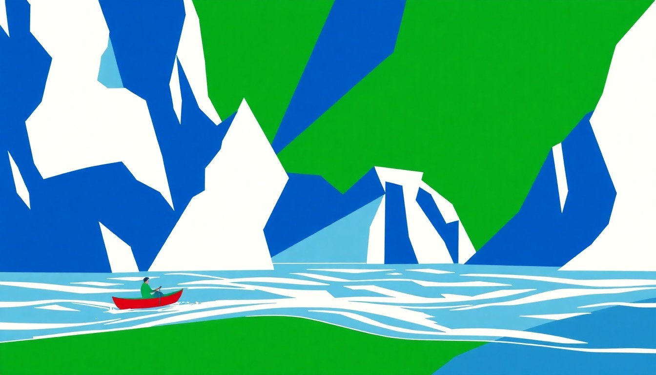 A minimalist, abstract illustration featuring jagged, geometric shapes in shades of blue, green, and white, conceptually representing a river expedition without any literal depictions of people or boats.