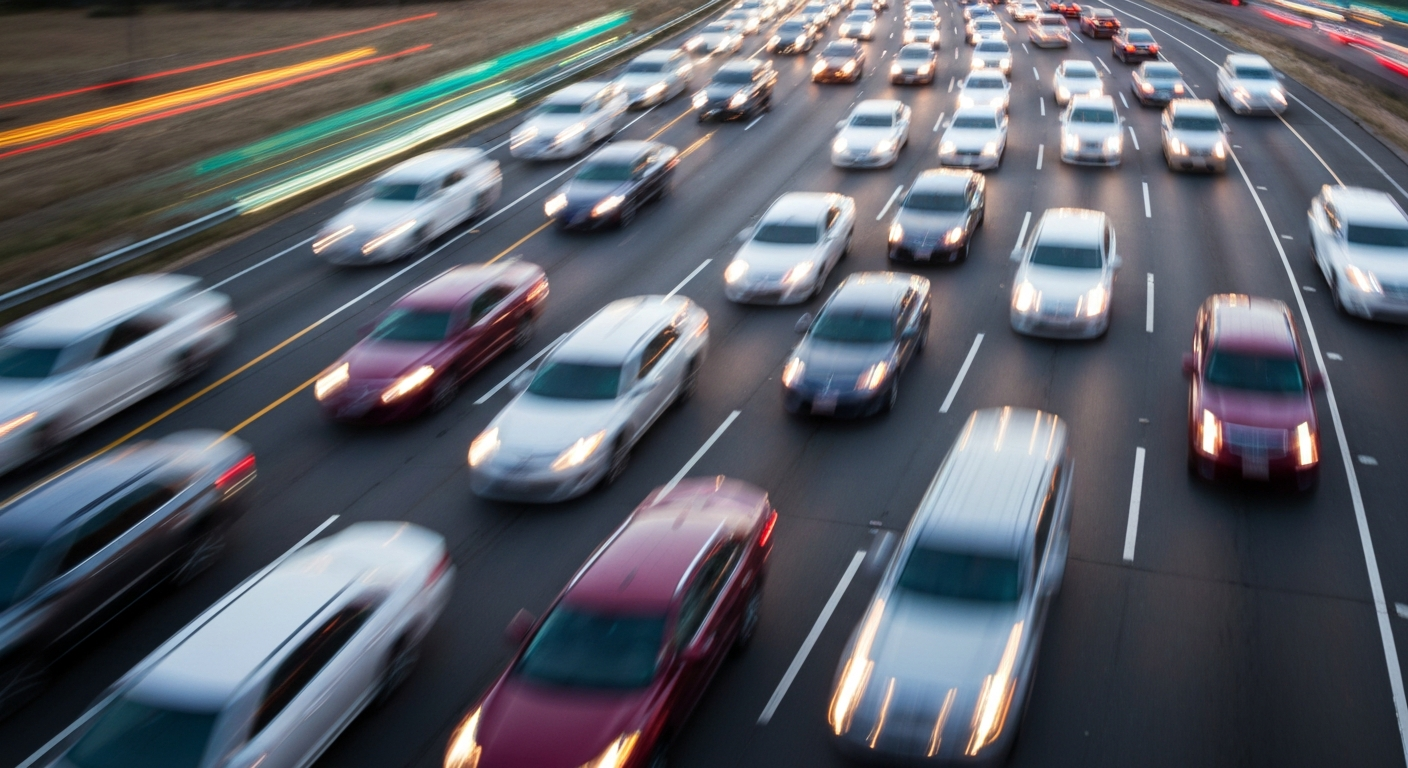 An abstract, colorful image with sweeping, blurred brushstrokes representing the motion of cars on a congested highway, conceptually illustrating the traffic disruption caused by an accident.