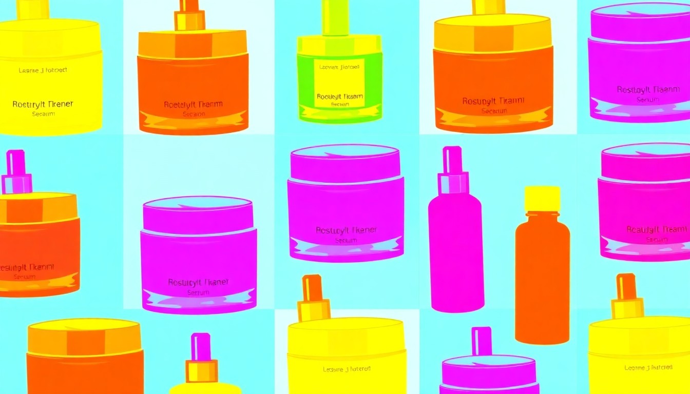 A brightly colored, high-contrast silkscreen print of a luxury face cream repeated in a tight grid pattern, conceptually representing the elaborate beauty routines of social media influencers.