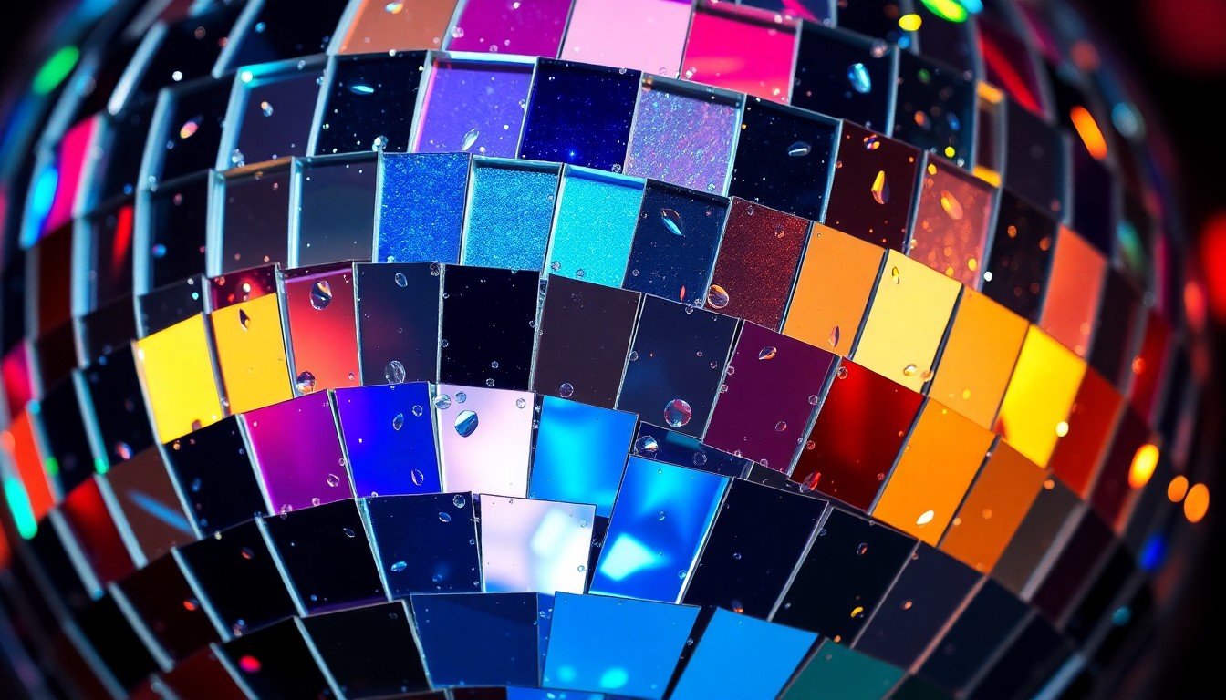 An extreme close-up photograph of shattered disco ball fragments reflecting a spectrum of brilliant colors, conceptually representing the energy and glamour of a legendary concert event.