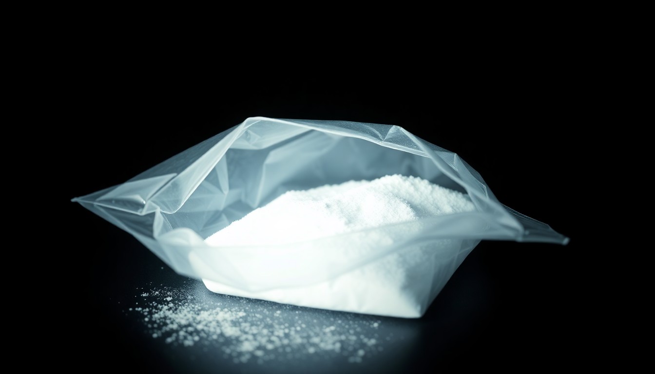 An extreme close-up photograph of a small plastic bag containing white powder, lit by a harsh, direct camera flash against a pitch-black background, creating a stark, gritty, investigative aesthetic.