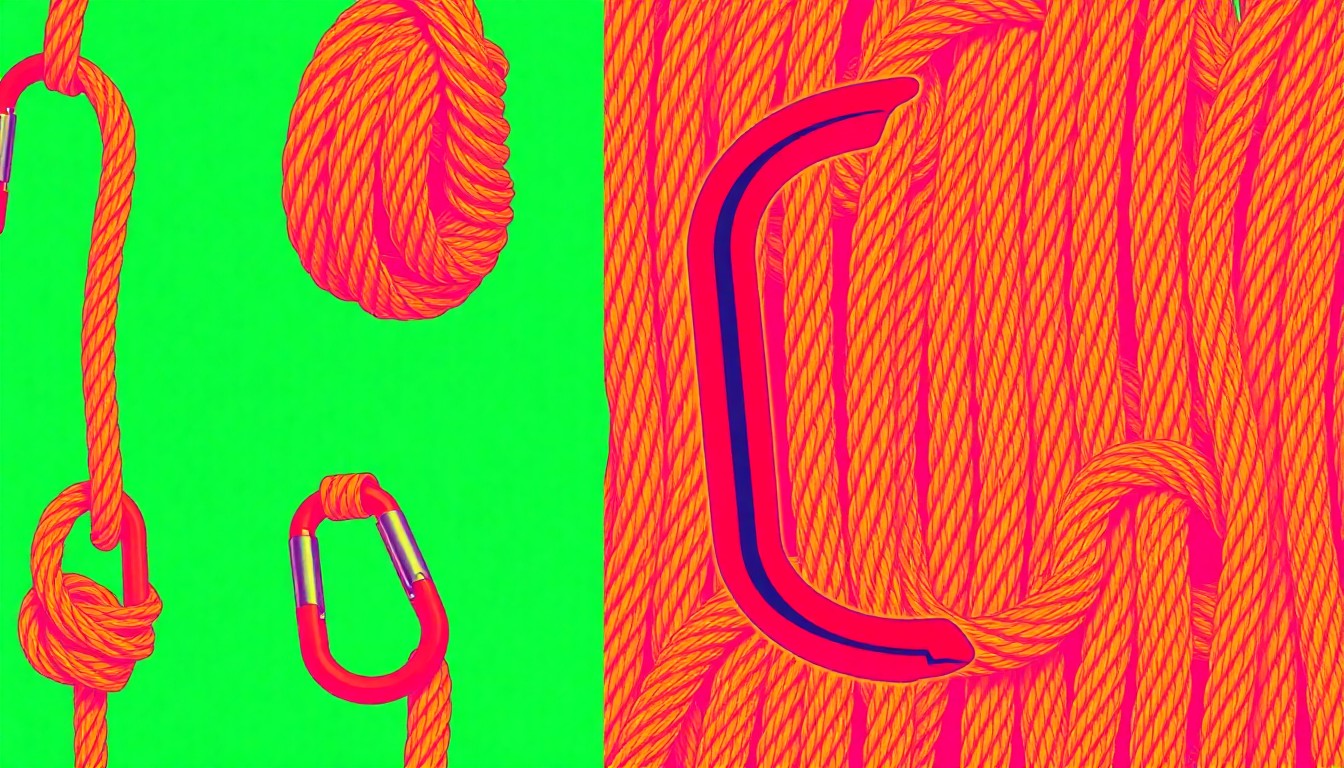 A high-contrast, brightly colored silkscreen print of a coil of jute rope repeated in a tight grid, conceptually representing the transformative power of rope bondage as a tool for self-expression.