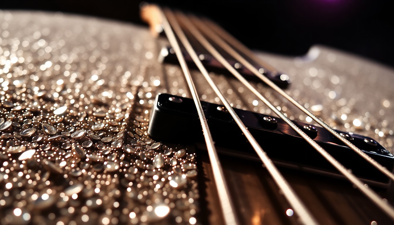 An extreme close-up photograph of shimmering, glittering country music textures like sequins, rhinestones, and guitar strings in dramatic high-contrast studio lighting, capturing the glamour and emotion of Maddie & Tae's farewell.