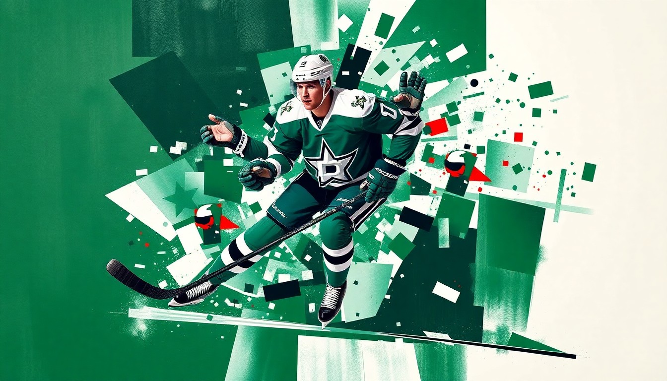 A fragmented, cubist-style painting depicting a hockey player in mid-motion, their body and stick broken down into overlapping geometric shapes and planes in the colors of the Dallas Stars, conveying the energy and intensity of the sport.