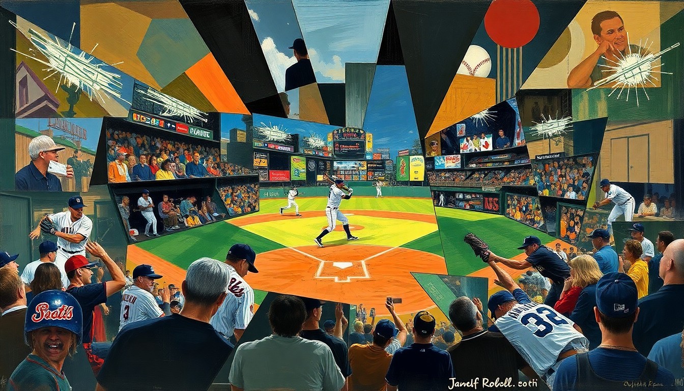 A cubist, geometric painting depicting a baseball game or pitching action, with sharp, overlapping planes of color and form that convey the dynamic and multifaceted nature of the Padres' current situation.