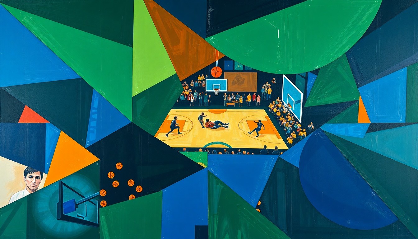 A cubist, geometric painting depicting a basketball game in progress, with overlapping planes of navy, green, and orange conveying the dynamic energy of the sport.