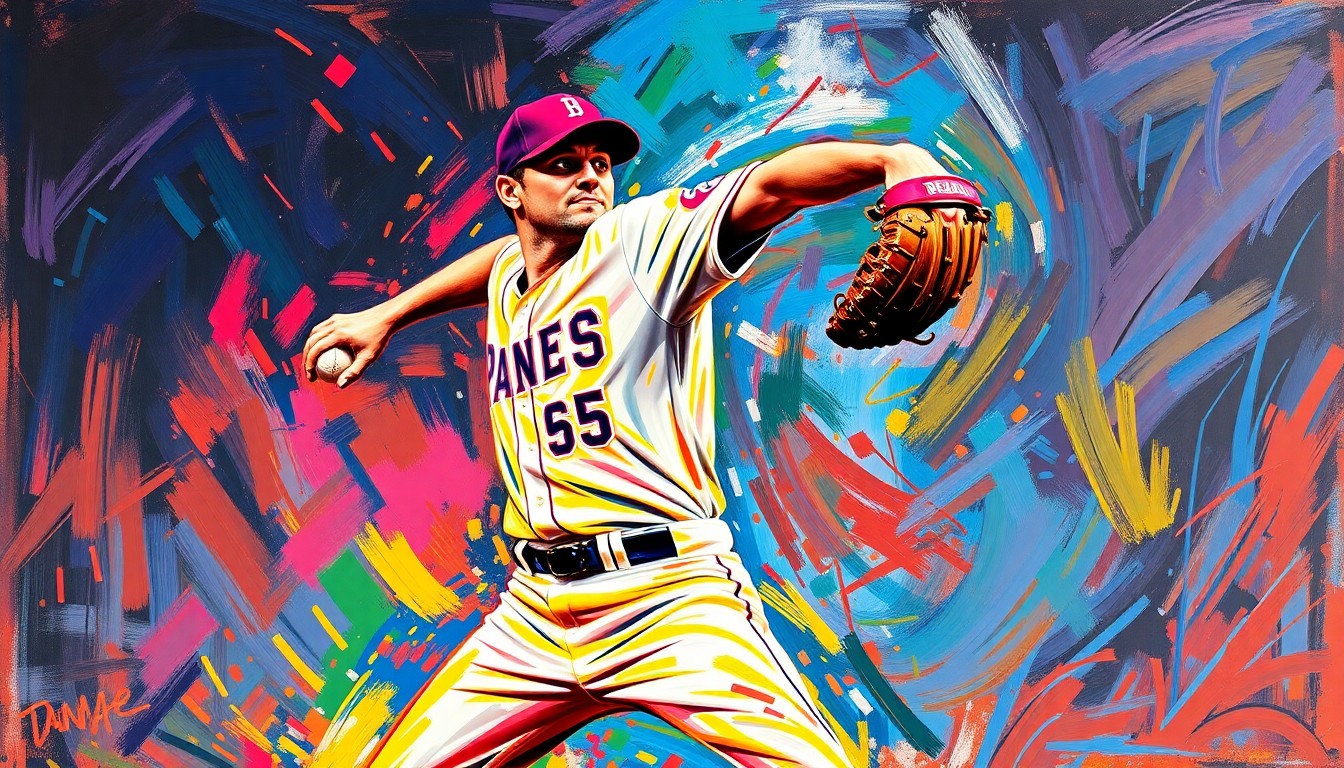 A dynamic, colorful painting featuring bold, expressive brushstrokes that convey the raw power and motion of a baseball pitcher in action, without any identifiable details.
