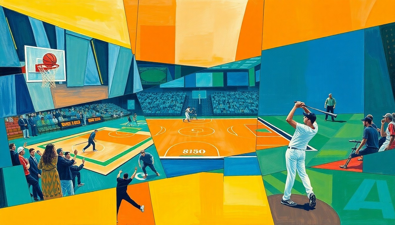 A cubist, geometric painting depicting fragmented scenes of a basketball game, baseball game, and golf tournament, conveying the multi-faceted nature of sports prediction markets.