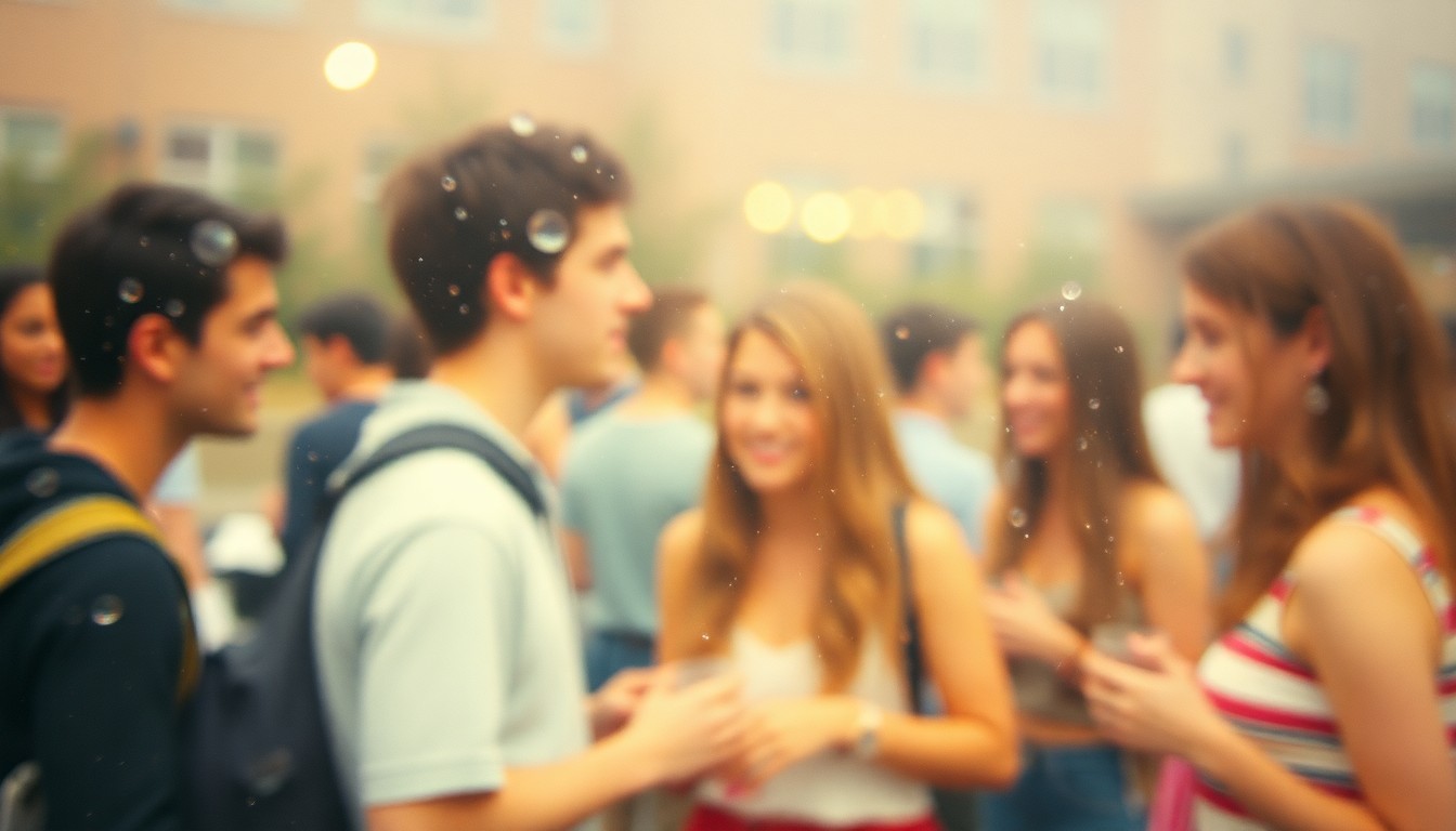 An abstract, out-of-focus photograph in warm tones depicting a blurred scene of college students socializing, conveying the mood and atmosphere of a campus social gathering without any clear focal point or identifiable individuals.