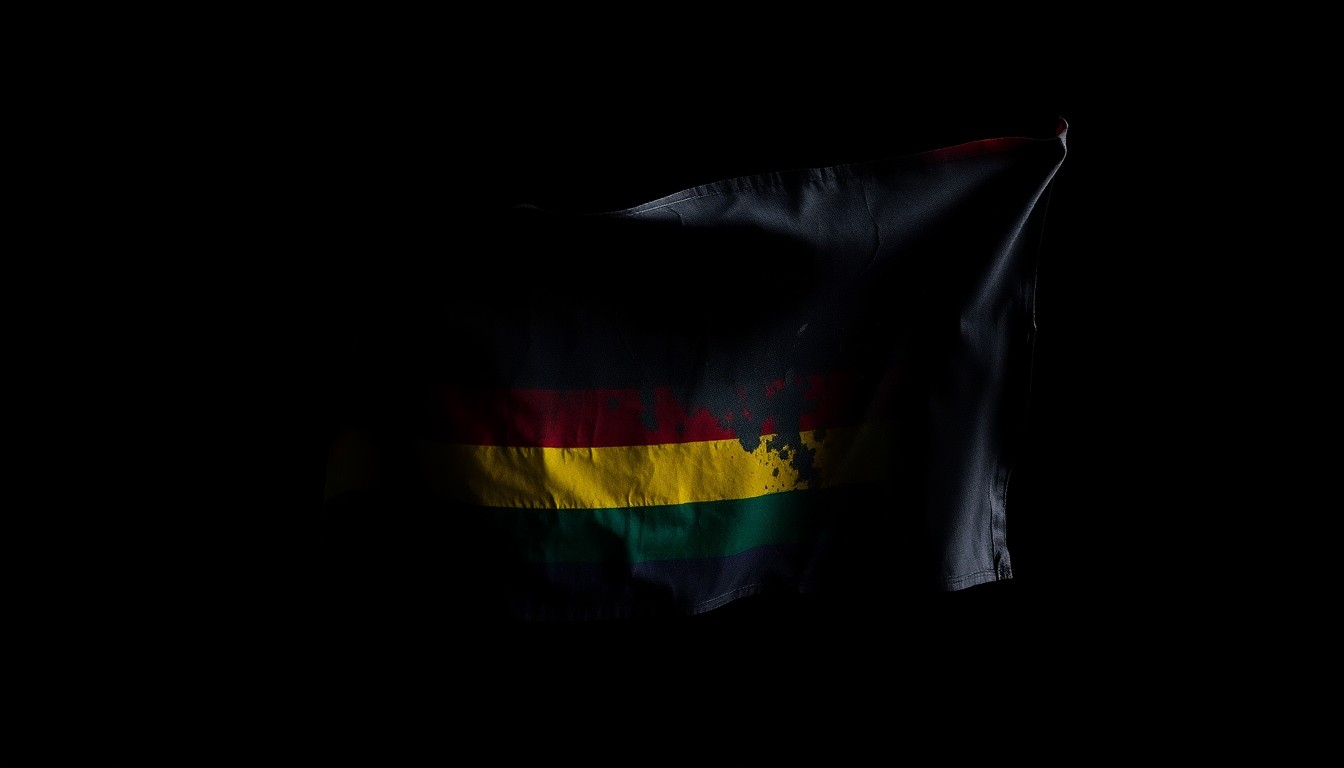 An extreme close-up photograph of a charred, melted Pride flag, conceptually illustrating the aftermath of a hate-motivated firebombing attack.