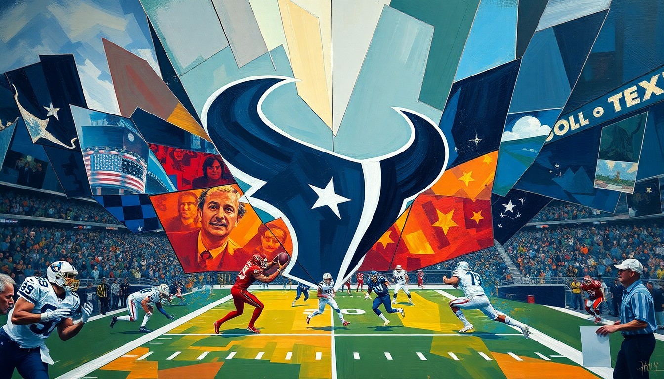 A cubist, geometric painting depicting a football game or match, with sharp, overlapping planes of color and form representing the action on the field.