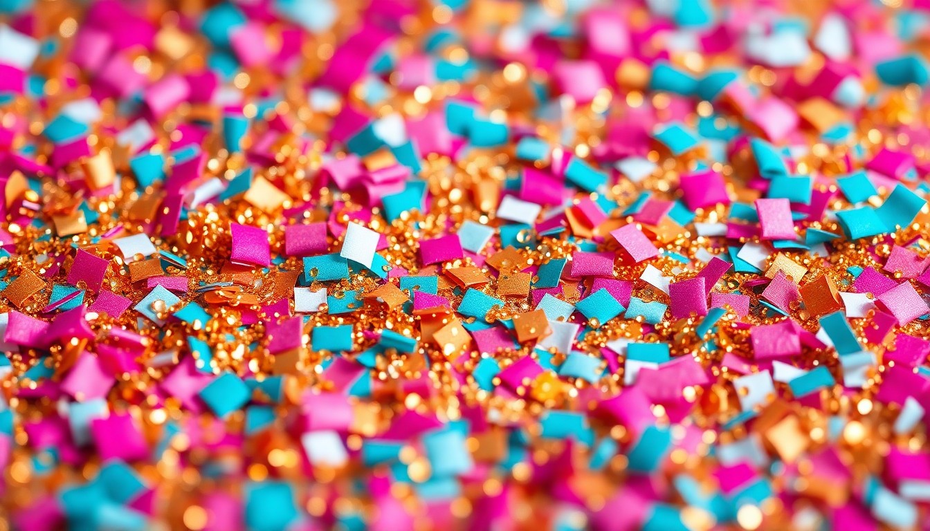 An extreme close-up photograph of shimmering, glittering confetti in a burst of vibrant colors like gold, fuchsia, and turquoise, conceptually representing the energy and excitement of springtime festivals and events.