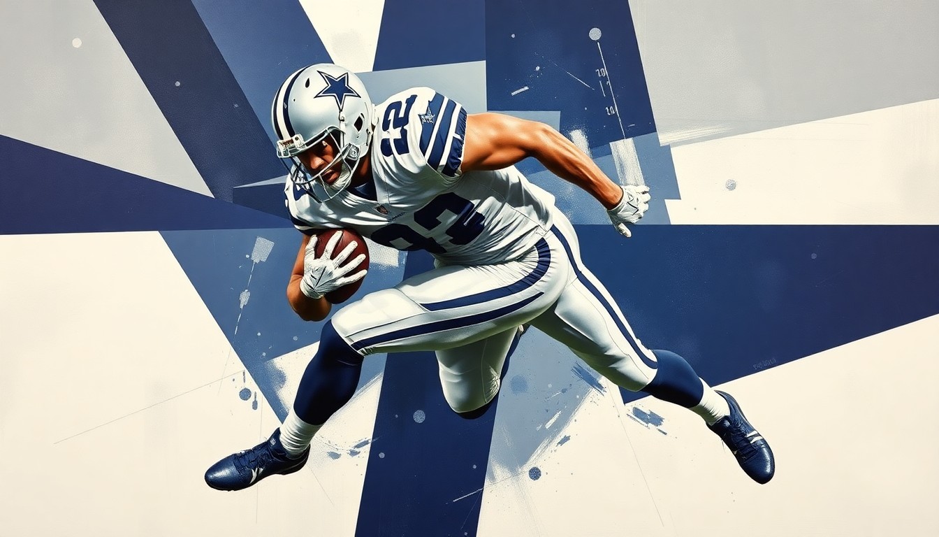 A fragmented, geometric painting depicting a Dallas Cowboys defensive player making a tackle, with sharp planes of navy blue, silver, and white creating a dynamic, multi-angled composition.