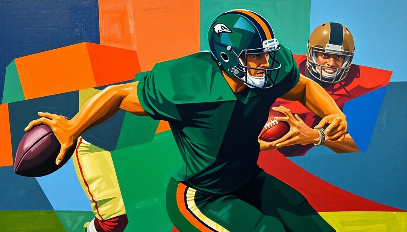 A fractured, multi-perspective painting in bold, geometric shapes and colors, depicting the explosive movements of a football player rushing the passer.