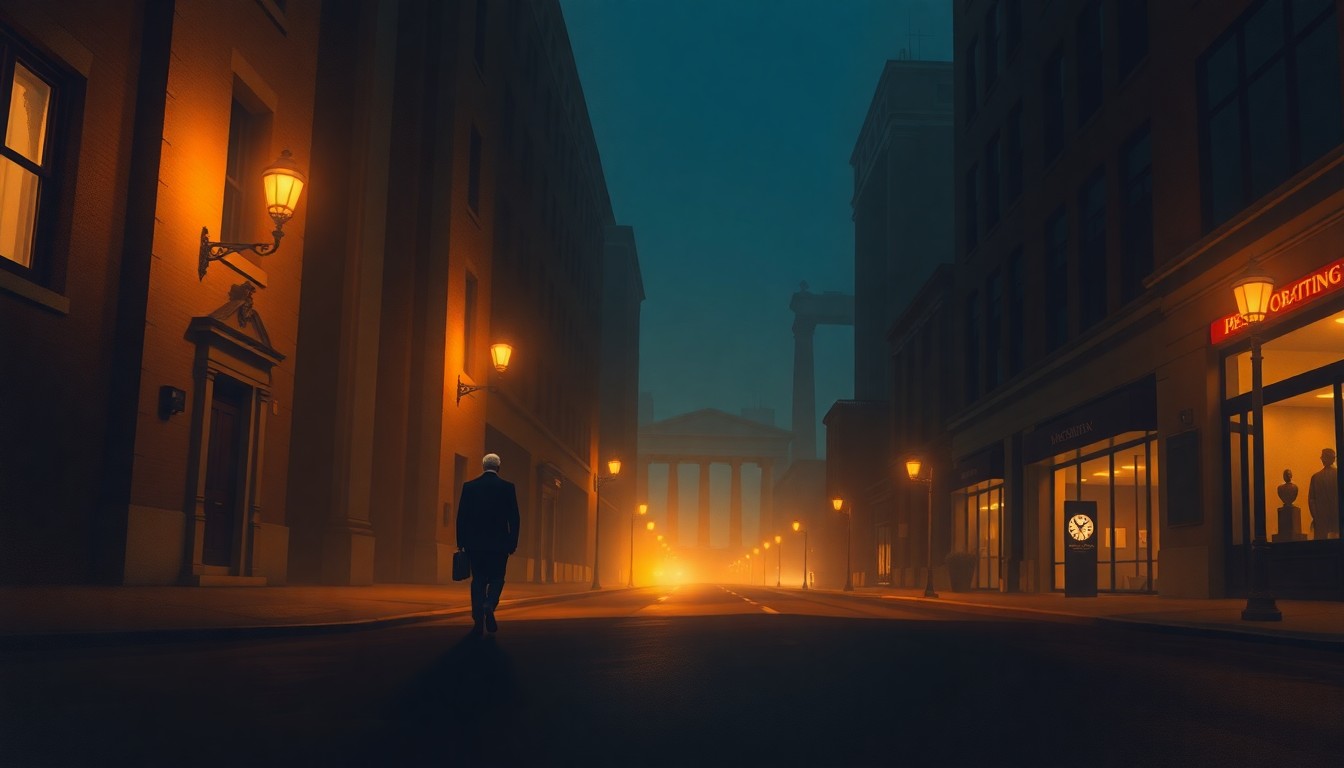 A solitary Vatican diplomat walking alone down a dimly lit Washington, DC street, the scene bathed in warm, diagonal sunlight and deep shadows, conveying a sense of tension and isolation.