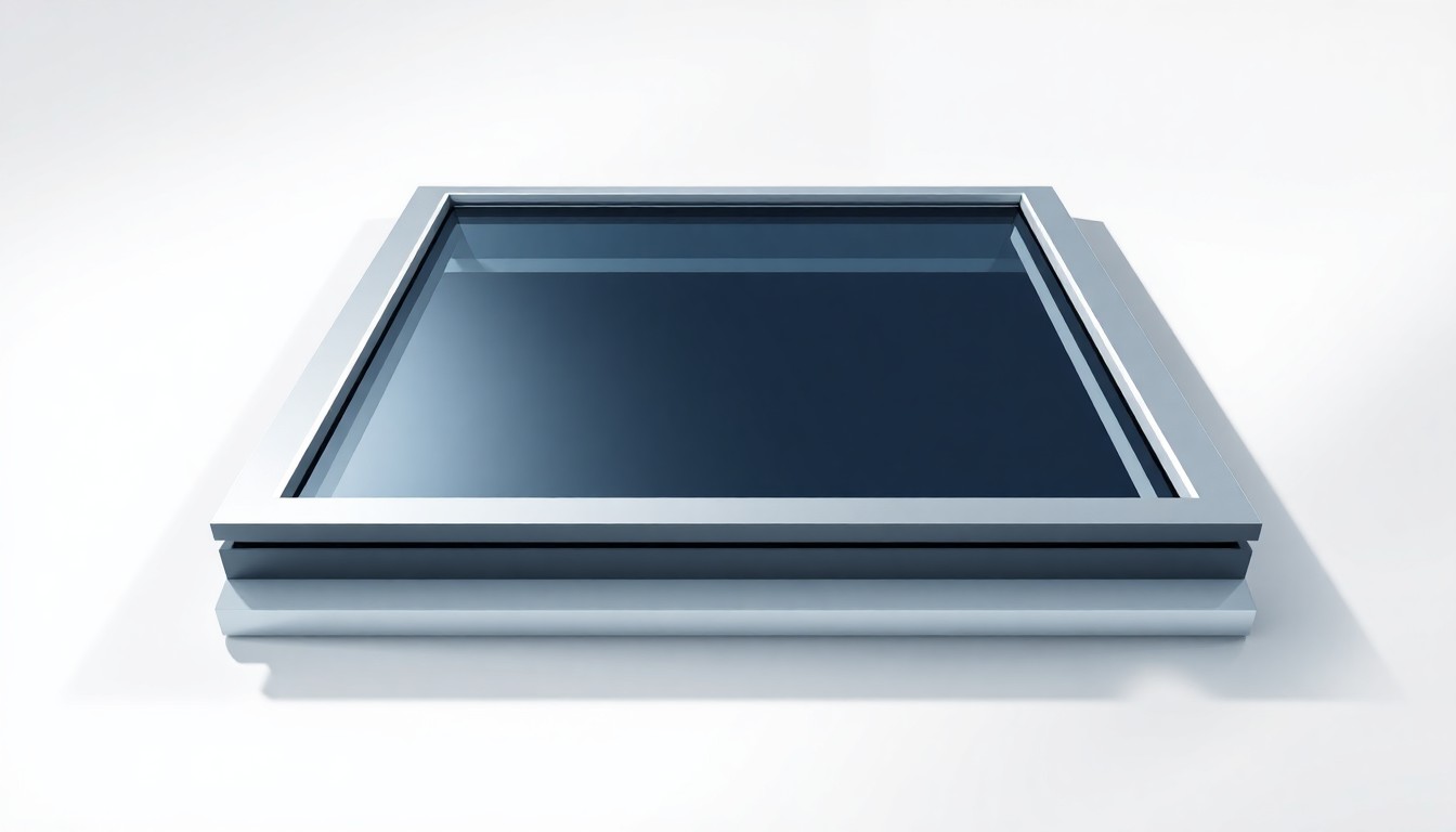A close-up, high-contrast photograph of a modern skylight frame made of polished aluminum and glass, floating on a clean white background and dramatically lit to showcase its premium materials and elegant design.