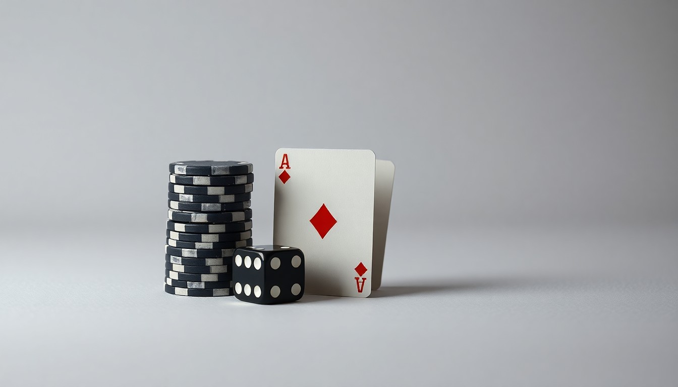 A high-end, photorealistic studio still-life photograph featuring a stack of casino chips, a pair of dice, and a single playing card arranged elegantly on a clean, monochromatic background. The objects are made from polished materials and use dramatic lighting and shadows to represent the abstract concepts of risk and strategy in the gambling industry.