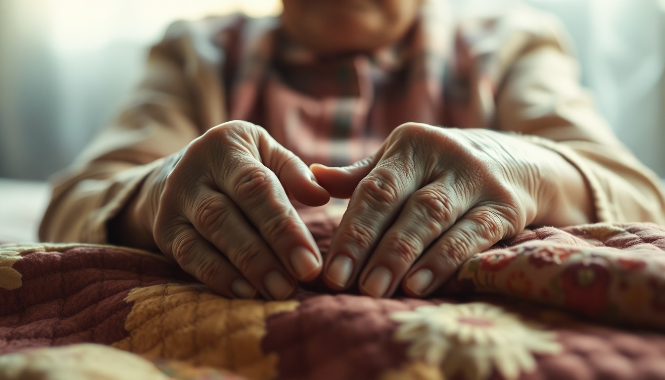 An extremely blurred, impressionistic photograph of an elderly person's hands resting on a soft, patterned quilt, conveying a sense of warmth, comfort, and the passage of time in a small town.