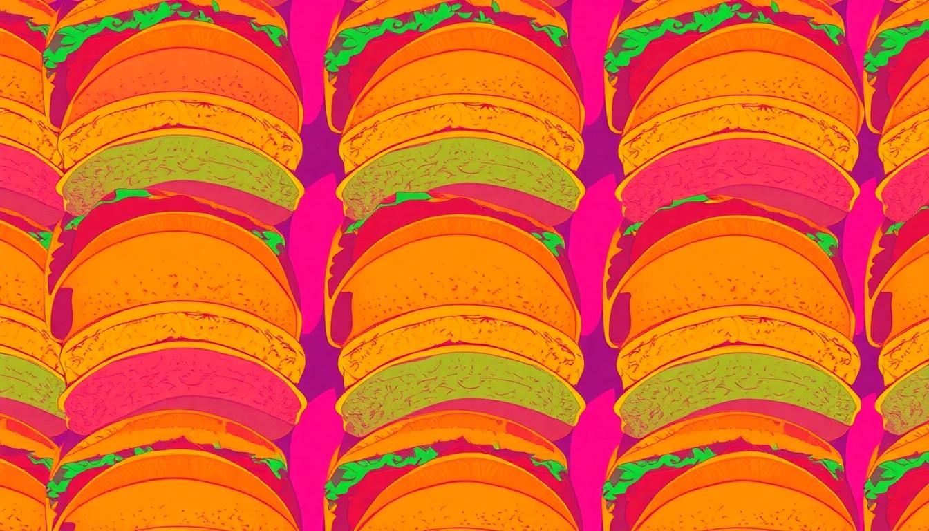 A bold, colorful silkscreen-style illustration of a stack of tacos in a repeating grid pattern, capturing the celebratory and artistic spirit of the Top 10 Takeover dining event.