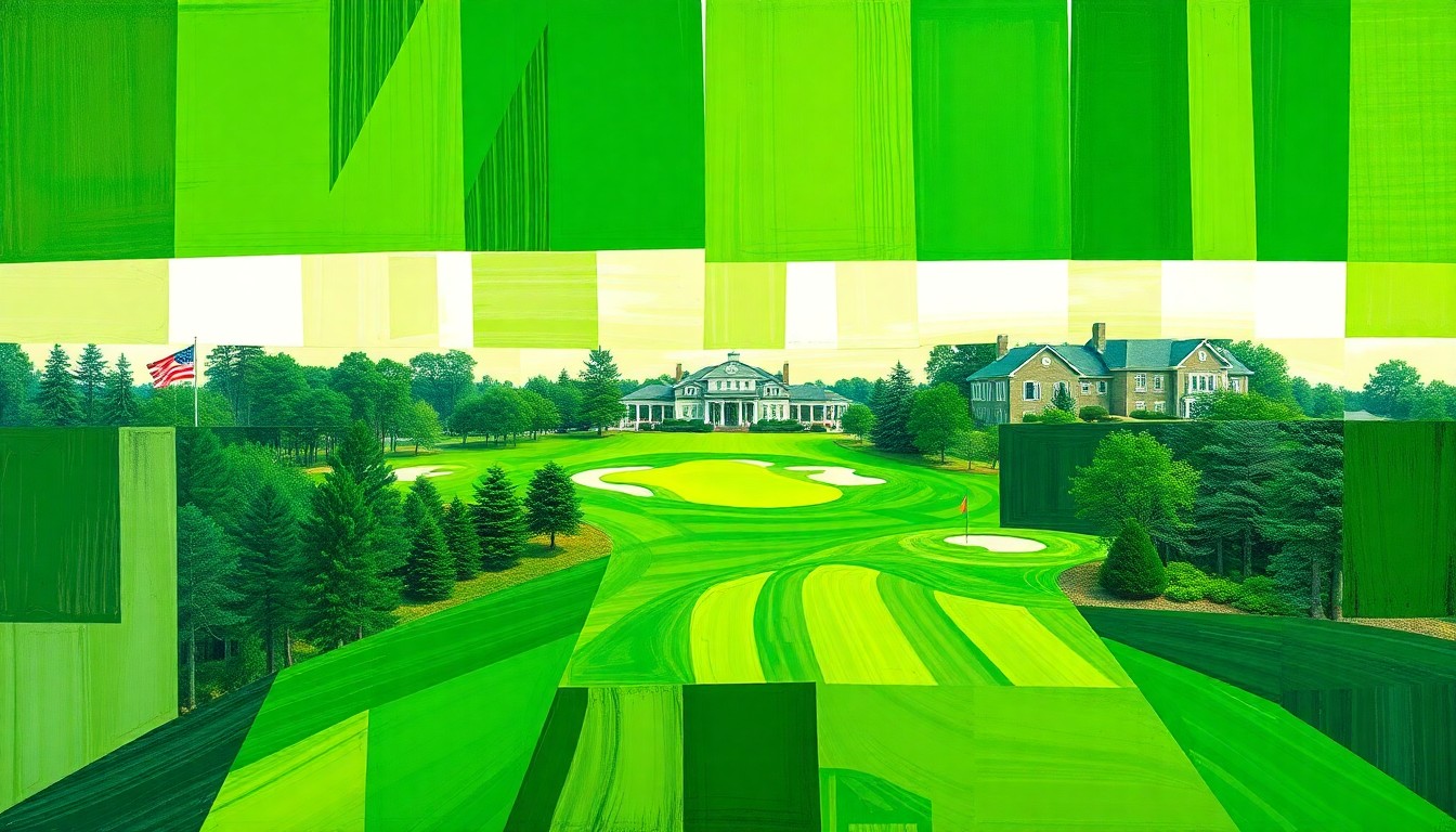 A cubist, geometric painting featuring overlapping planes of vibrant green hues, conceptually representing the lush, manicured lawns of Augusta National Golf Club.