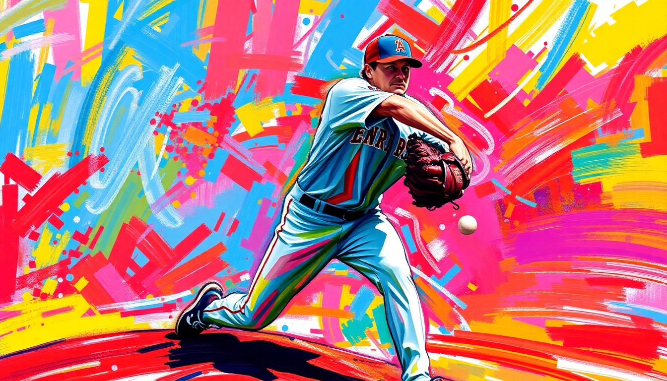 An abstract, textured painting in bright neon colors, with rapid brushstrokes conveying the dynamic motion and power of a baseball pitcher in action, conceptually representing the passion and energy of high school sports.
