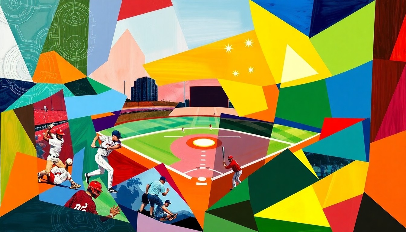 A fragmented, geometric painting in bold colors depicting the dynamic action of a high school baseball or softball game.