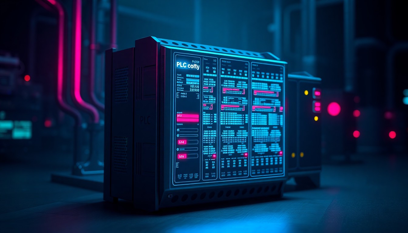 A highly detailed, glowing 3D illustration of a programmable logic controller (PLC) device used in industrial control systems, illuminated by neon cyan and magenta lights. The PLC is the central visual focus, surrounded by a dark, moody background that suggests the hidden cyber threats targeting critical infrastructure.