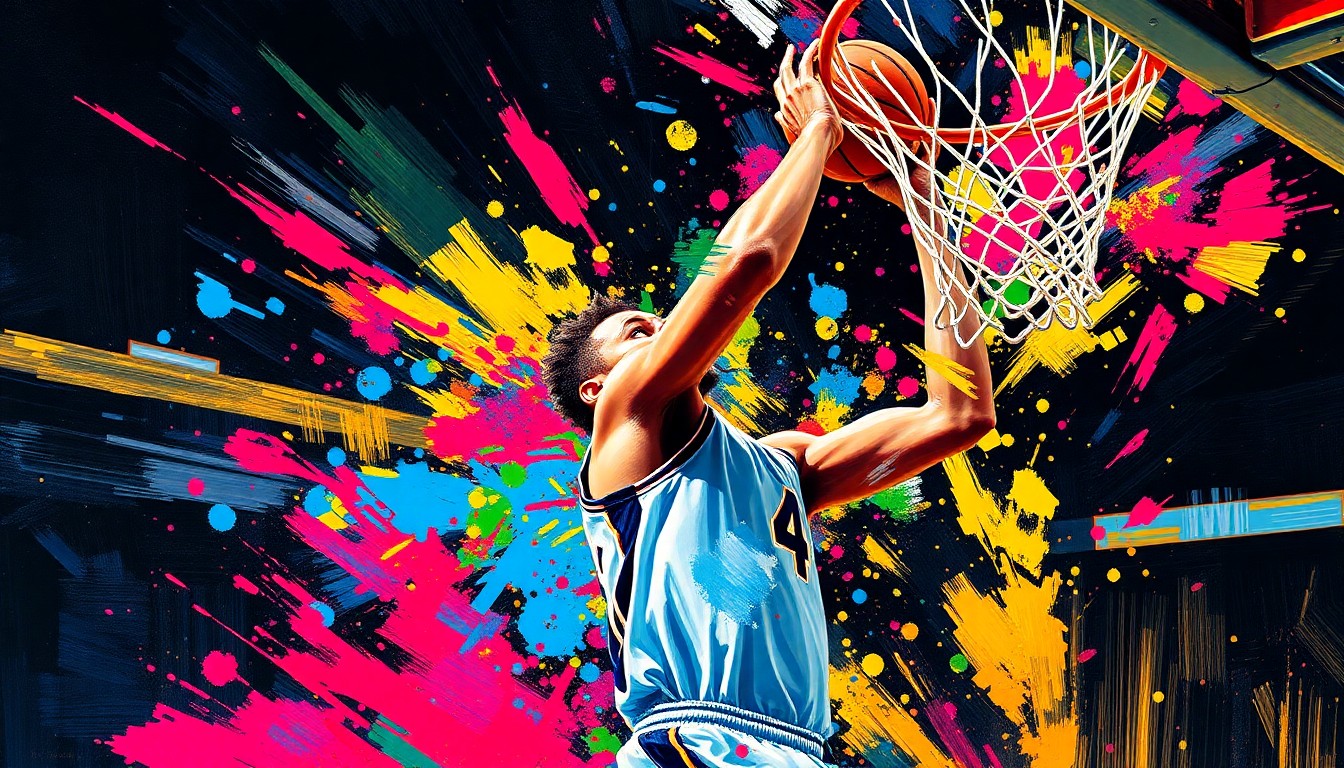 An abstract, energetic painting depicting the blurred motion of a basketball player driving to the hoop, with vibrant neon colors and expressive brushstrokes capturing the raw athleticism of the moment.